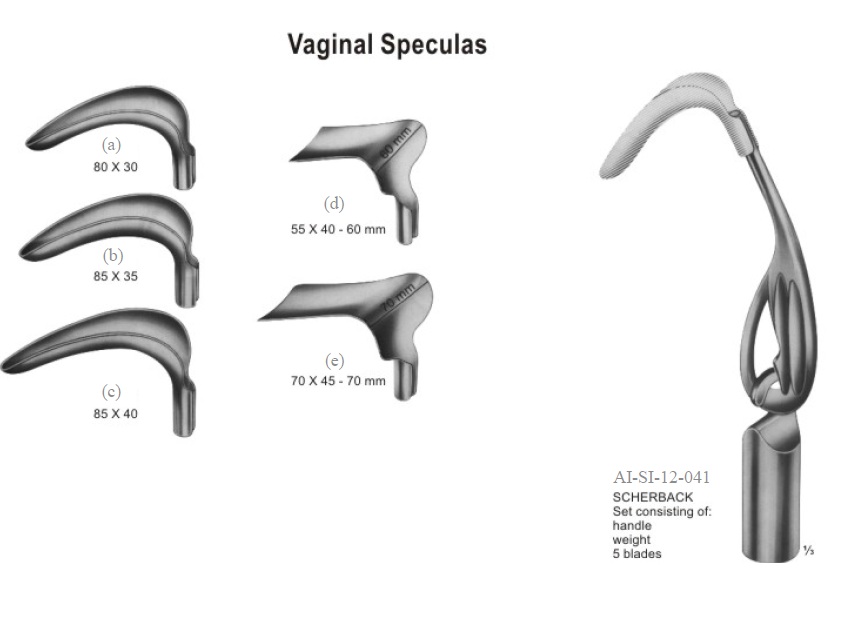 Scherback vaginal specula set consisting of handle weight