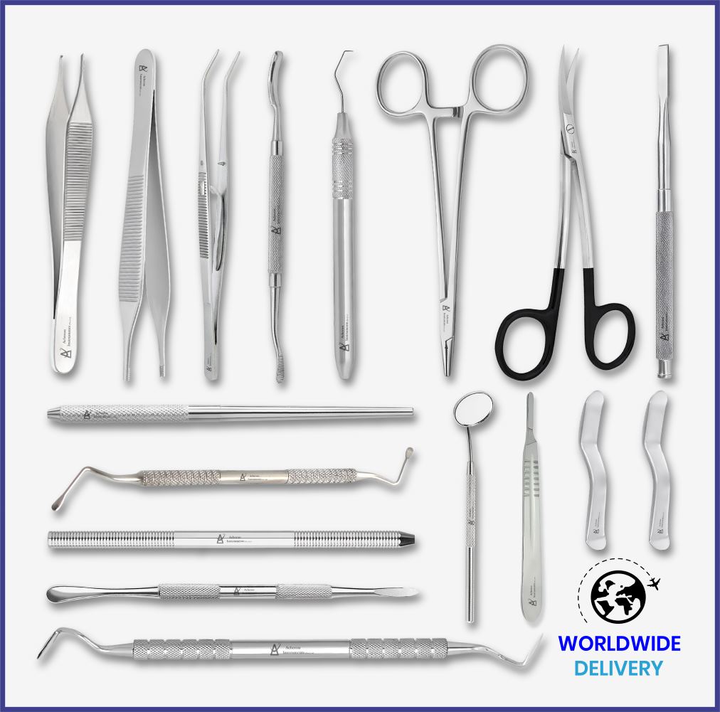 thumbnail interactive-video image 1 of 15-Piece Orthodontic Kit – Surgical Dental Instruments, Stainless Steel, Silver, Made In Pakistan 1 of 6