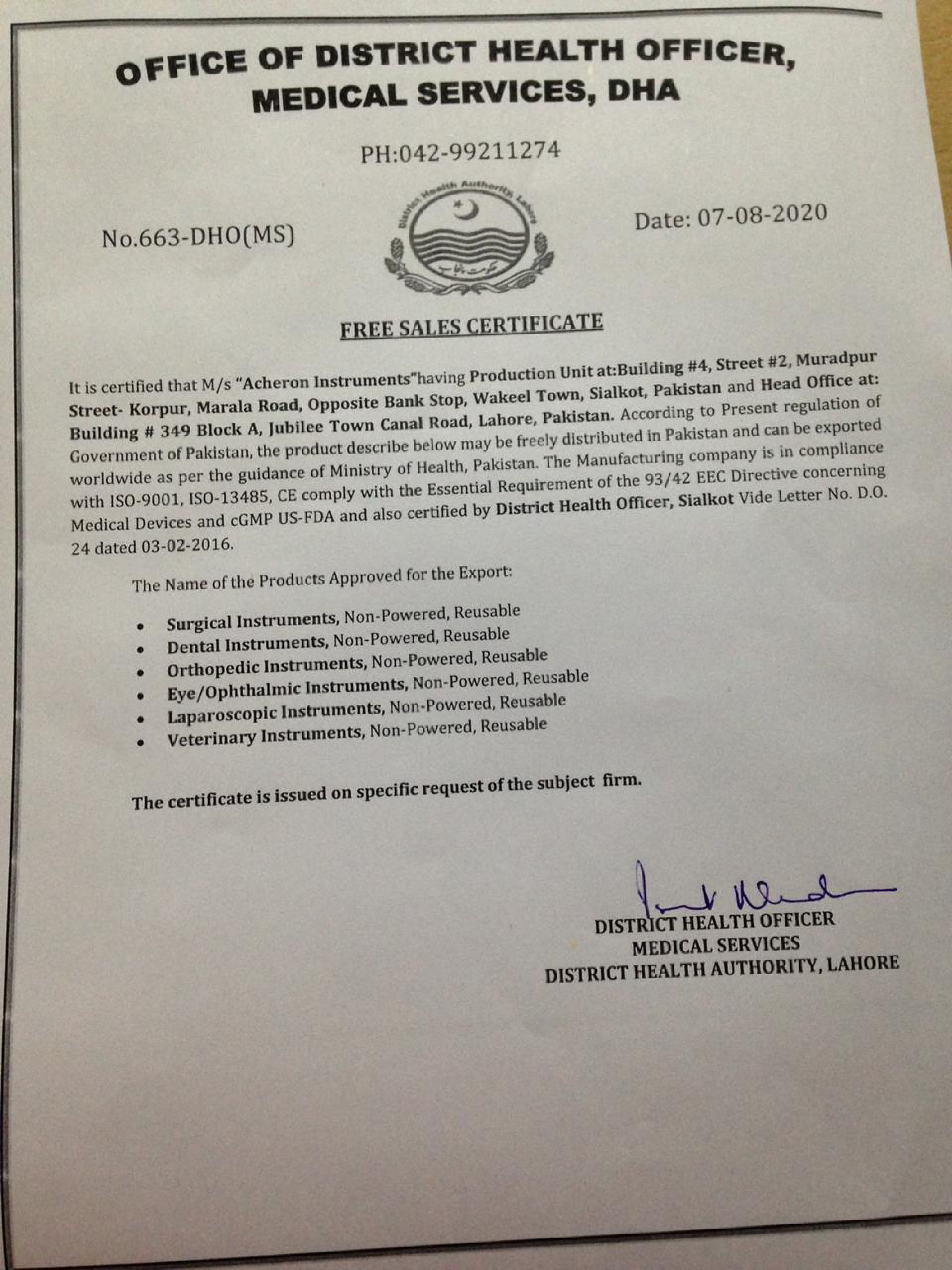 FREE SALES CERTIFICATE DISTRICT HEALTH LAHORE-1